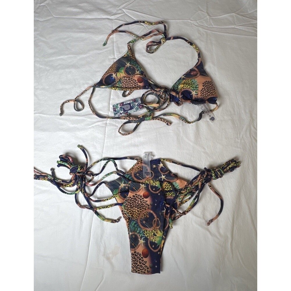 Sexy Skimpy Bikini Set Sz M -NWT Strappy Jungle Planet Leopard Psychedelic Print